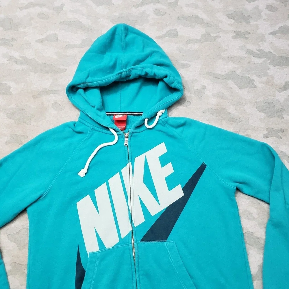 Nike Sweatshirt Womens Medium Green Full Zip Hooded Spell Out Fleece